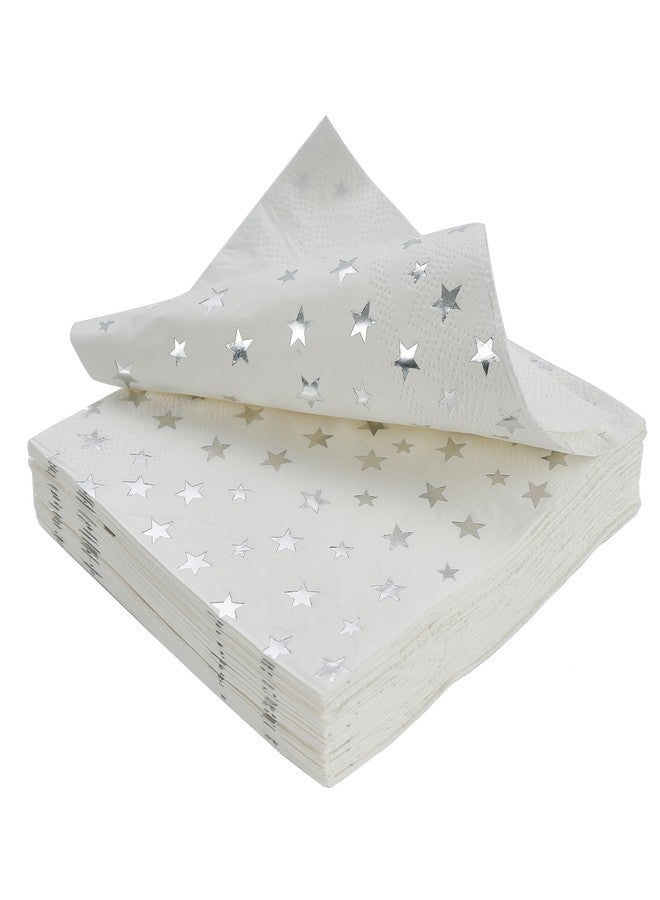 VORMOR Silver Star Cocktail Napkins 100 Counts 2-Ply 5'' White and Silver Disposable Paper NapkinsPerfect for Birthday Party Supplies Wedding Bridal Shower Baby Shower Valentine's Day+? - Image 1